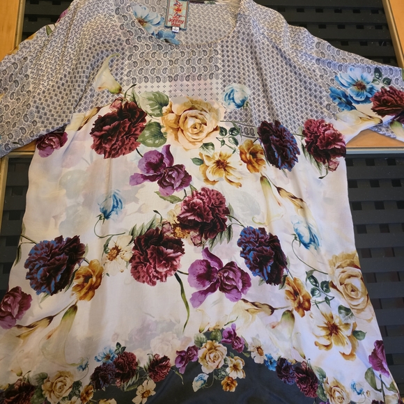 Johnny Was Floral Blouse - Purple, Yellow, Cream. 34" long, chest is 25".  Silk. - Picture 3 of 9